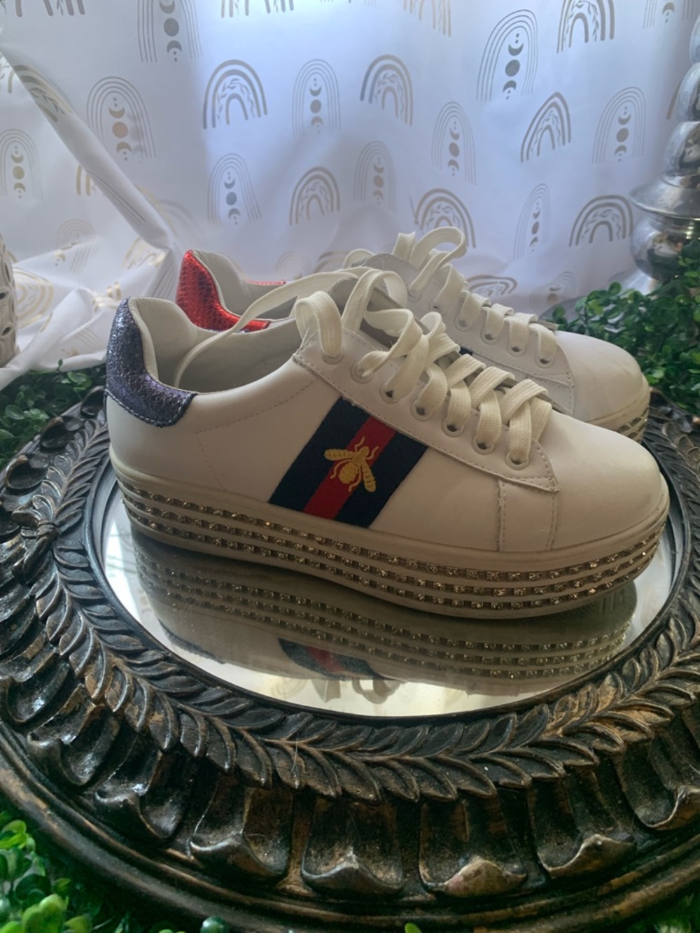 White Platform Bee Accent Sneakers with Blue & Red Stripe